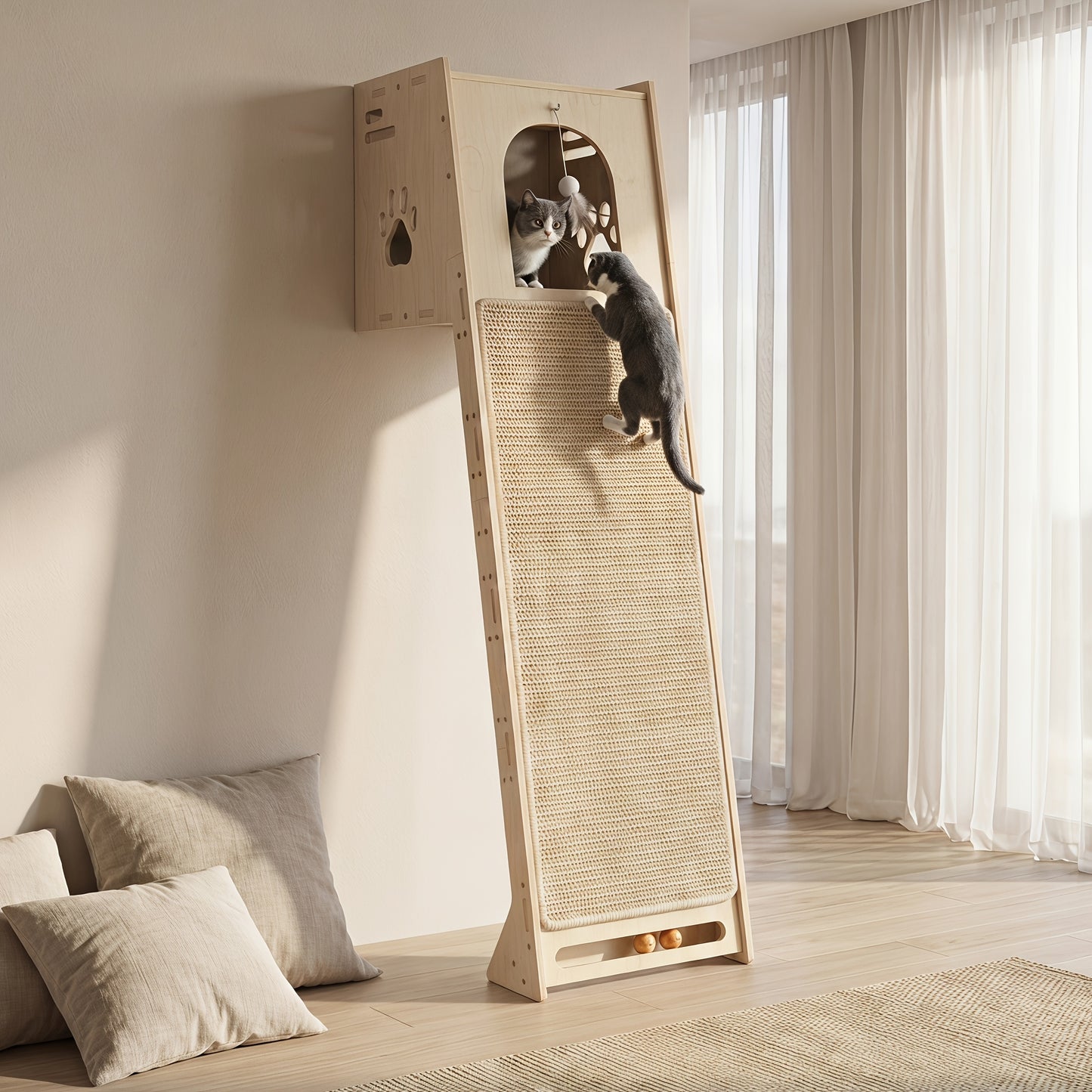 59-Inch Wall Mounted Cat Tree Tower for Large Cats & Kittens – Space-Saving Birch Wood Cat Furniture with Cave, Sisal Scratching Board & Interactive Toys for Small Apartments