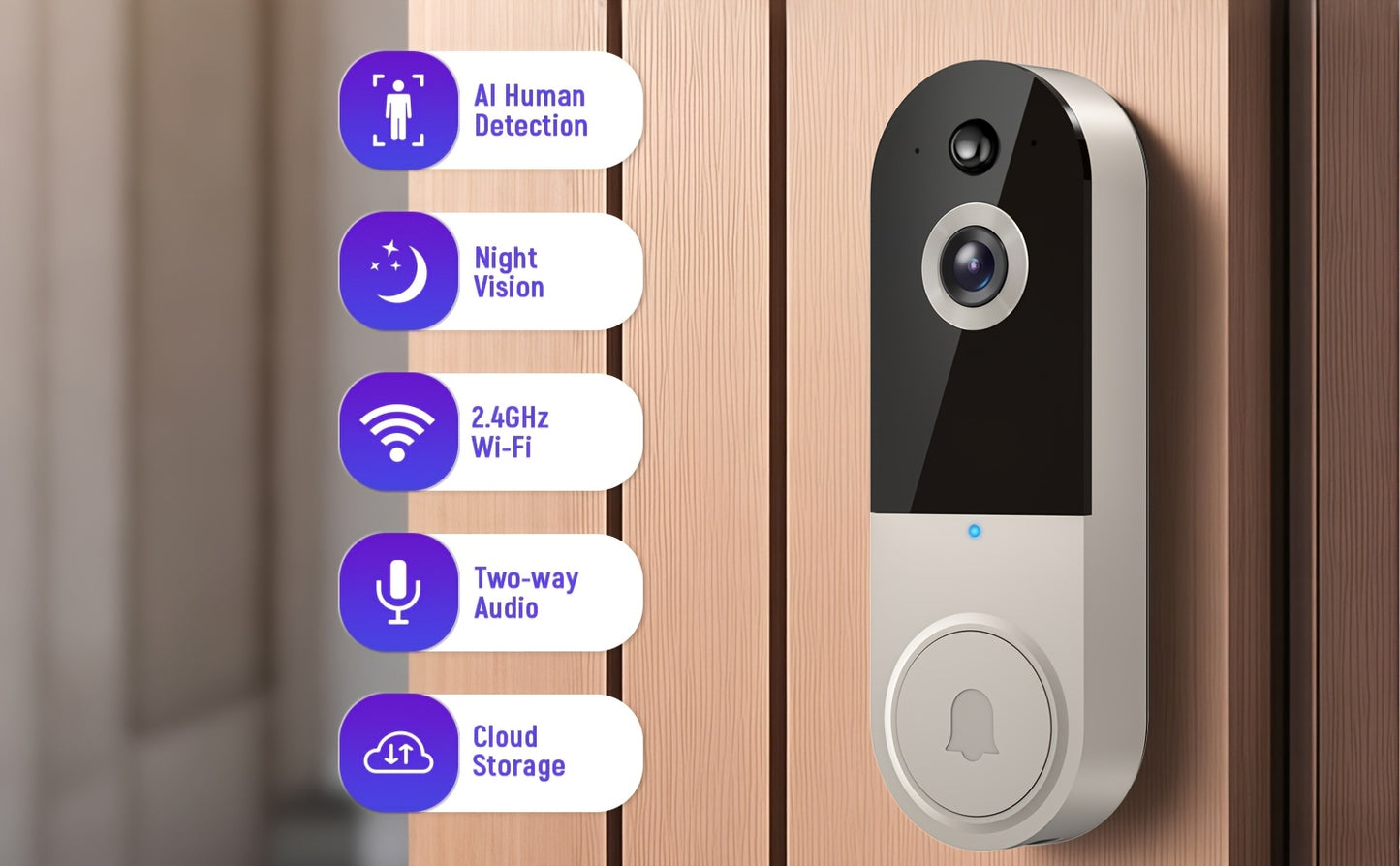 1440P Video Doorbell Wireless WiFi – Two-Way Audio Night Vision Real-Time Alerts, Panoramic View Motion Detection, 2.4G Home Security Camera for Front Door, Canada