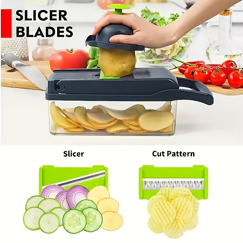 17-in-1 Vegetable Chopper with Container – 8-Blade Onion Chopper, Dicing Cutter, Egg Slicer, Potato Chip Knife & Salad Chopper, All-in-One Kitchen Utensil Set