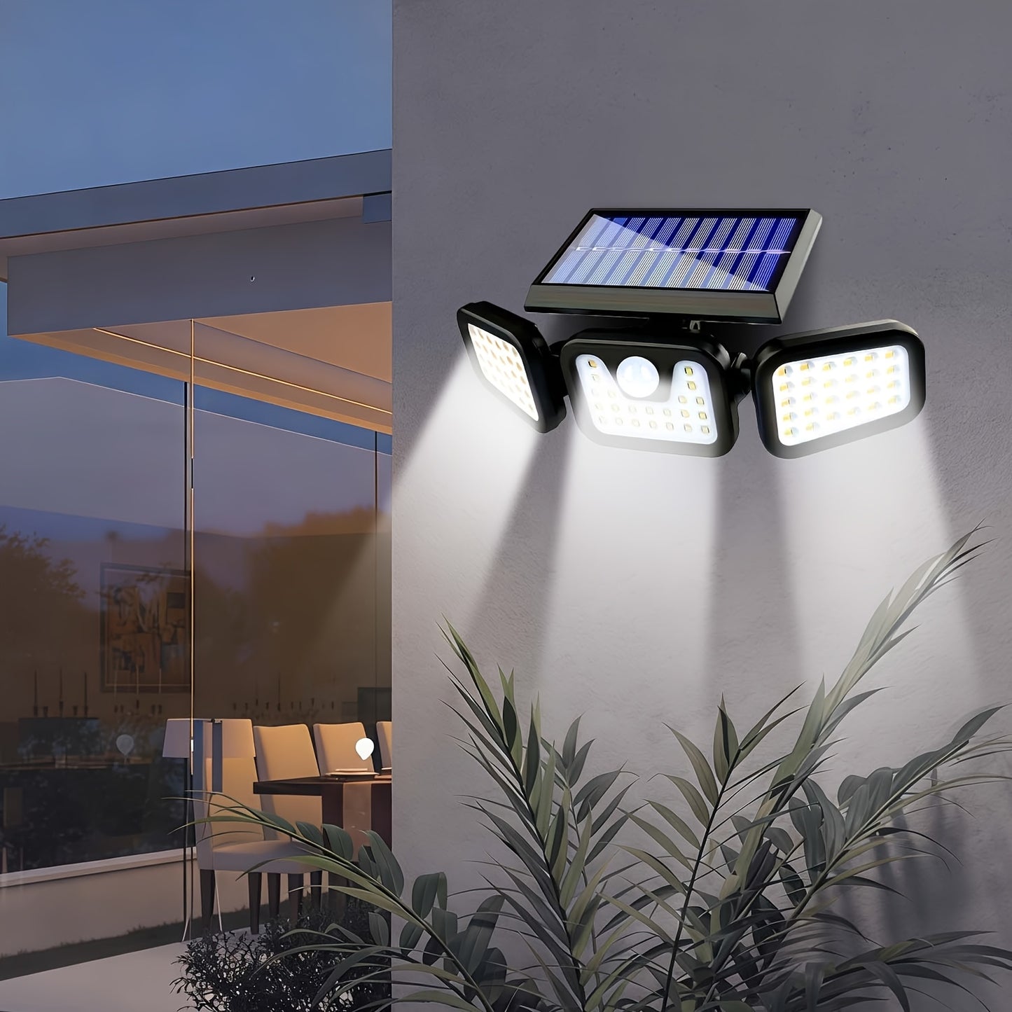 Solar Outdoor Triple-Head Motion Sensor Wall Light – 74 LED 270° Wide-Angle IP65 Waterproof Solar Fence Light for Garden, Courtyard, Garage, Porch & Street, 3 Modes