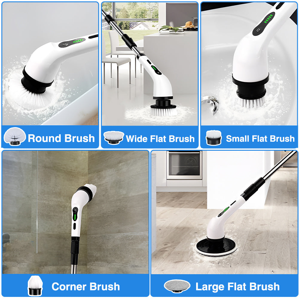 Cordless Electric Spin Scrubber – 9 Replaceable Brush Heads, Extendable Alloy Arm to 125cm, Dual Speed, for Floors, Bathrooms, Bathtubs & Car Cleaning