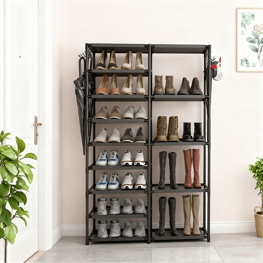 9-Tier Heavy-Duty Vertical Shoe Rack – Large Capacity 24-35 Pairs, Dual Row Multifunctional Hooks, Freestanding Black Shoe Organizer for Garage, Bedroom & Entryway | ShopVora CA