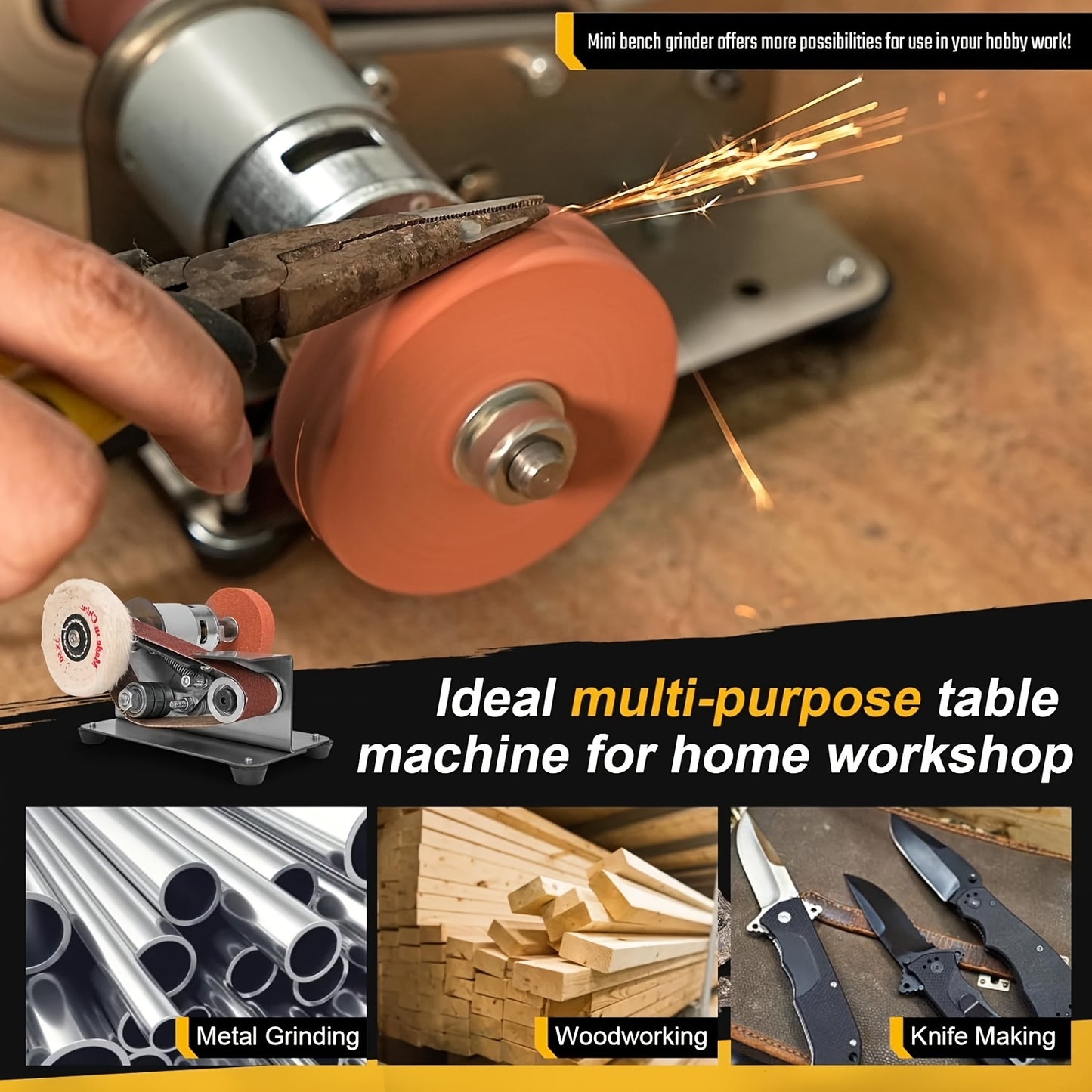 Mini Belt Sander Electric 7-Speed Variable Speed Bench Grinder Sharpener Polisher 110V with 10 Sanding Belts for Knife Making Wood Metal Handcraft DIY