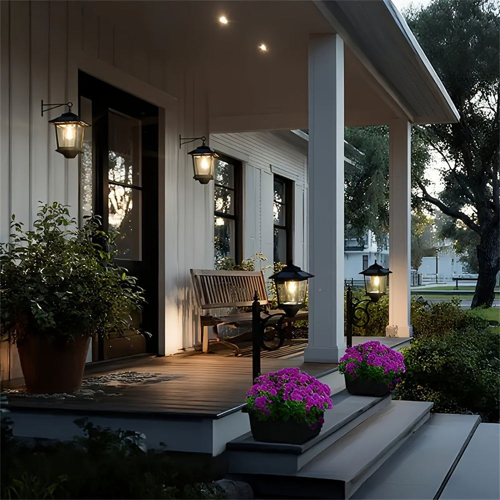 Solar Wall Lanterns Outdoor Set of 2 – Dusk-to-Dawn LED, 4 Solar Panels, IP44 Waterproof Tempered Glass, Rust-Resistant, Wall Mount or Hook, Brown & Black Canada