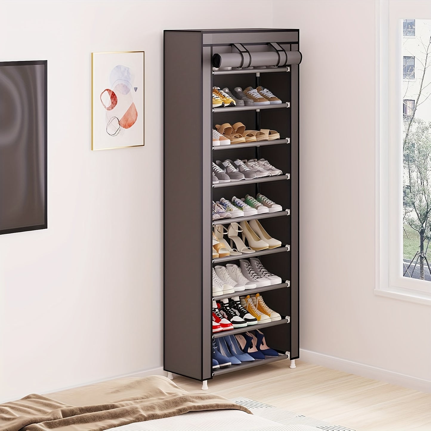 9-Tier Shoe Rack Organizer with Nonwoven Fabric Cover – Portable Shoe Shelf for Closet Hallway Bedroom Entryway, Grey (Calmootey)