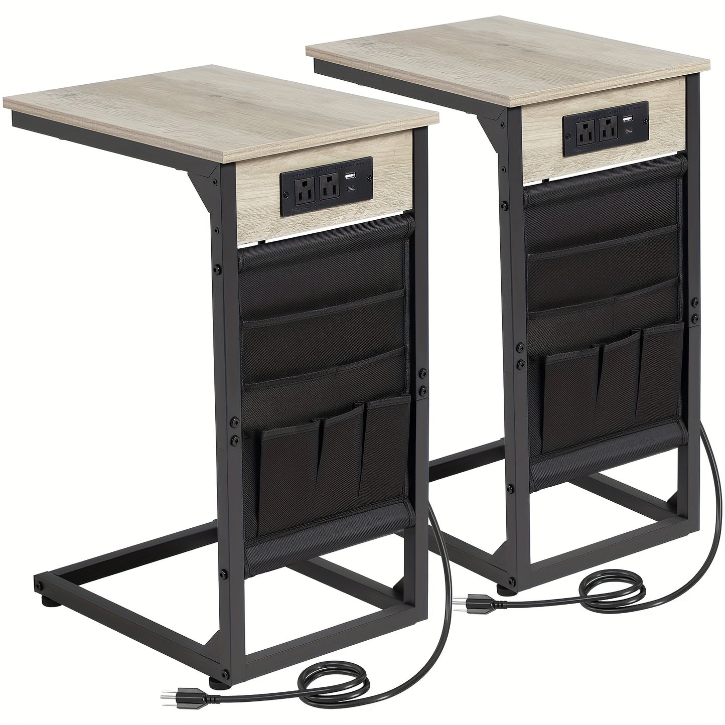 C Table Set of 2 with Charging Station & Storage Bag – Slide Under Sofa Side Table with 2 USB Ports & 2 Outlets, TV Tray Couch End Tables for Living Room