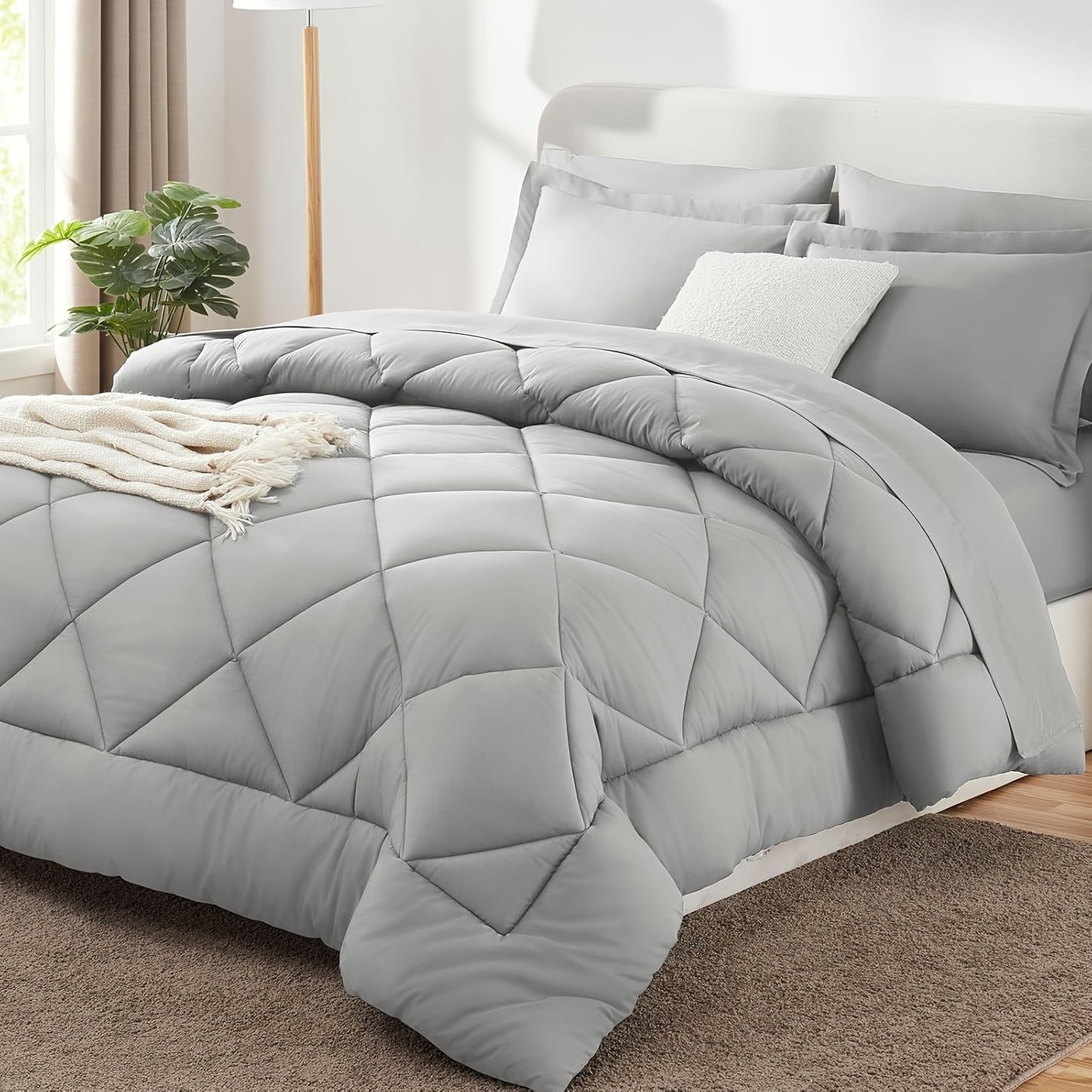 Quilted Comforter Bed-in-a-Bag Set 7pcs – Soft Brushed Microfiber Box Stitch Pattern, All-Season Bedding Ensemble with Comforter, Flat Sheet, Fitted Sheet & Pillowcases