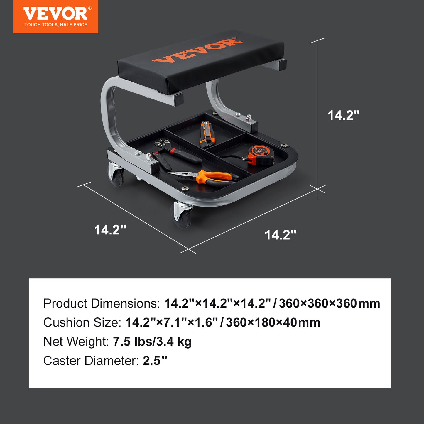 VEVOR Rolling Mechanic Stool 250 LBS Capacity Padded Garage Shop Seat with Tool Tray Storage, 360° Casters, 14.2" Height for Auto Repair, Workshop & Home Canada