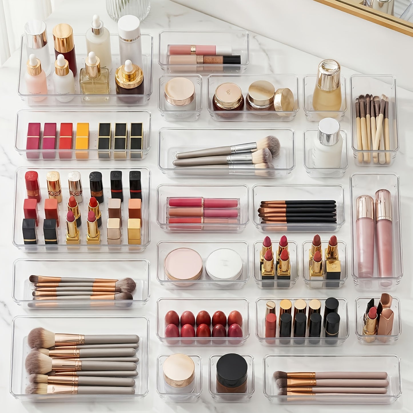 Clear Makeup Drawer Organizer Set 25/37pcs – Stackable Plastic Storage Bins 4-Size for Vanity Bathroom Cosmetics Lipstick Skincare & Accessories