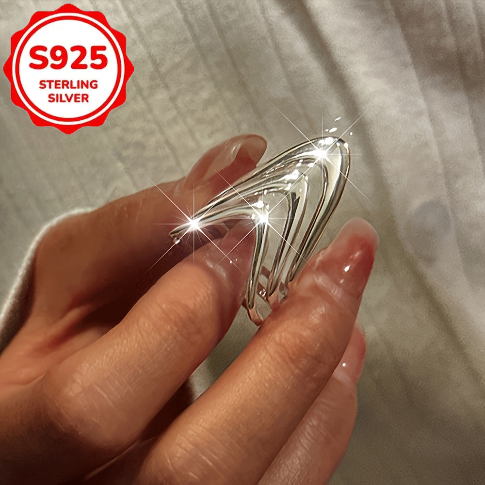 S925 Silver Adjustable Layered Broadband Ring for Women - Open Stackable Statement Ring, Fashionable Everyday & Party Jewelry, Elegant Gift for Her