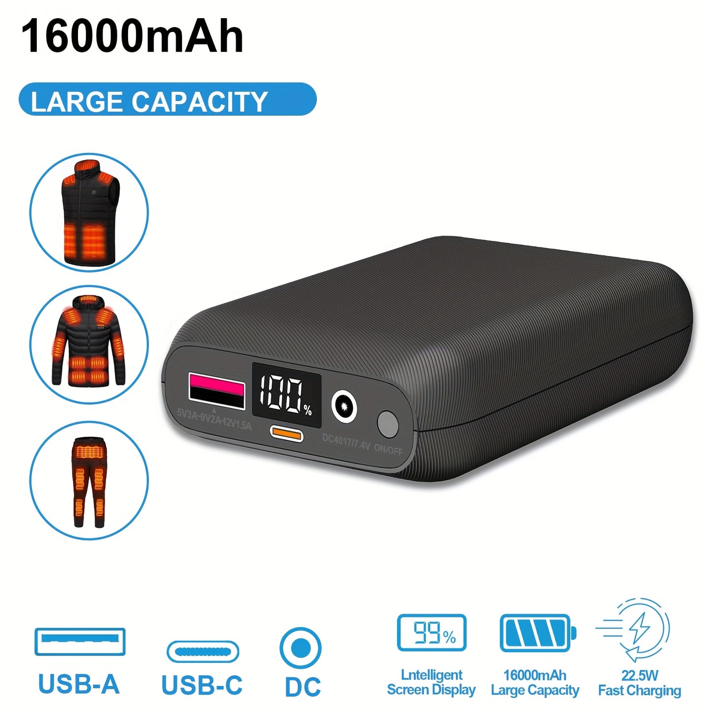 16000mAh Battery Pack for Heated Vest & Jacket, DC 7.4V Output, 22.5W Fast Charging Power Bank with LED Display – Compatible with iPhone 16/15/14/13/12/11, iPad, Samsung & Tablets