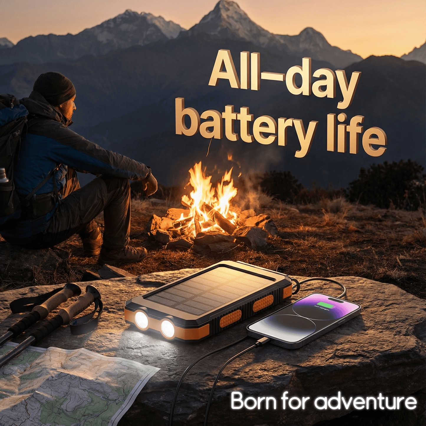 20000mAh Solar Power Bank Portable Solar Charger with Dual USB Ports, Built-in LED Flashlight & Compass – Waterproof Emergency Battery for Camping, Hiking & Outdoor Adventures