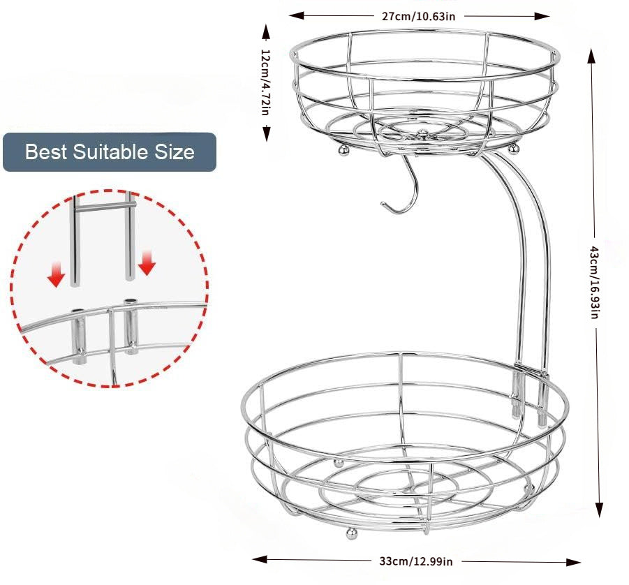 Tiered Fruit Basket Bowl with Banana Hanger – Countertop Fruit & Vegetable Storage, Chrome Wire Organizer, 3-Raised Feet, Classic Ironwork Kitchen Decor | ShopVora CA
