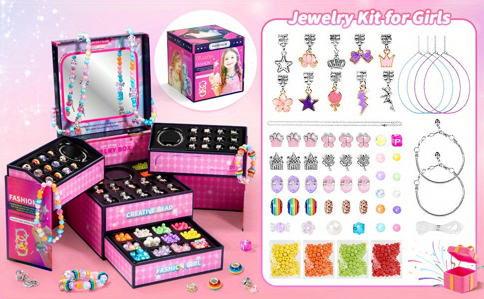 Princess DIY Beaded Jewelry Making Set with Jewelry Box & Mirror - Bracelets, Necklaces & Beads Craft Kit, Birthday Gift for Girls Kids Ages 3 and Up, Pink or Blue