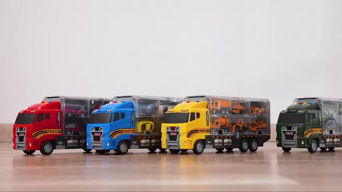 Construction Truck Toy Set with Play Mat for Kids - Die-Cast Metal Carrier & Fire Truck Vehicles, Birthday & Christmas Gift for Boys & Girls