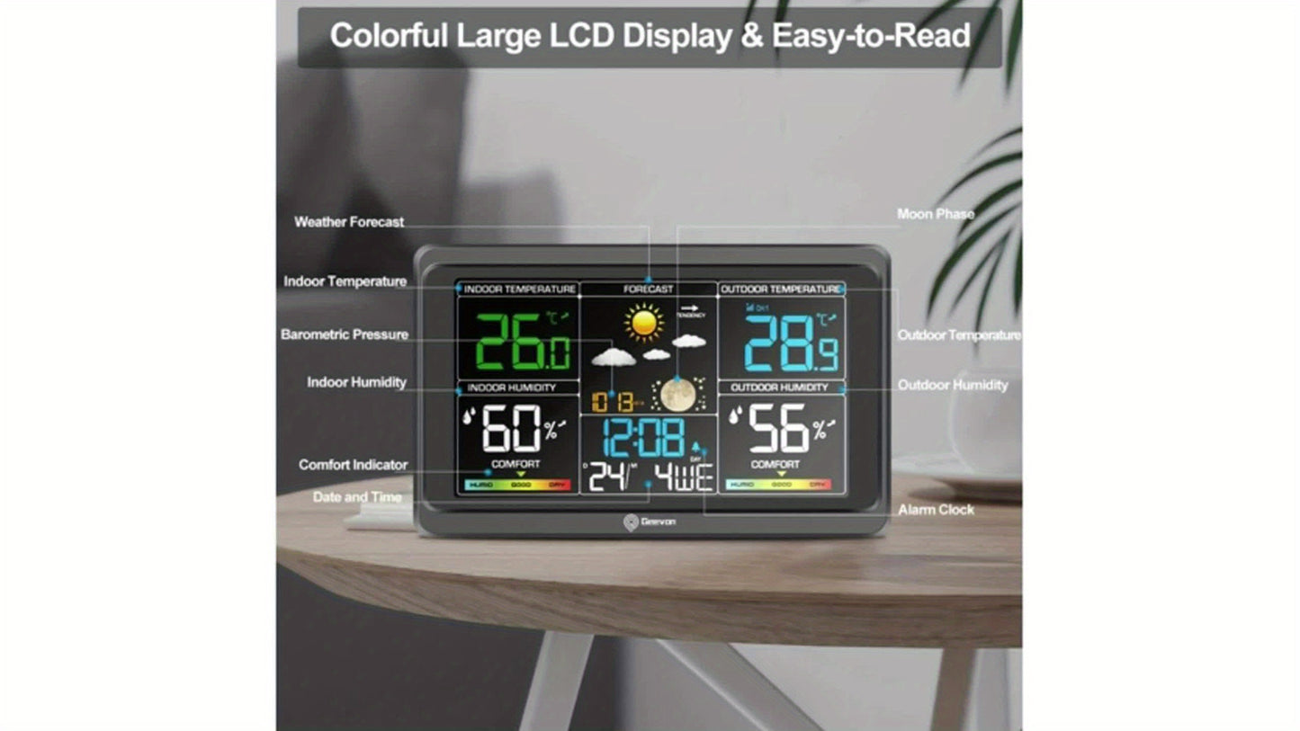 Wireless Weather Station Indoor Outdoor Thermometer with 7.6-Inch Color LCD Display, Barometer, 3-Channel Sensor, USB Charging Port, Alarm Clock & Adjustable Backlight – Digital Temperature Humidity Gauge for Home, Office & Garden
