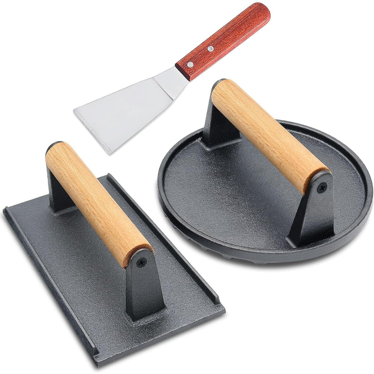 Cast Iron Smash Burger Press Set with Wooden Handle – Rust-Resistant Heavy-Duty Patty Maker, Includes 7" Round & 8.2"x4.3" Rectangle Grill Press for Burgers, Bacon & Sandwiches