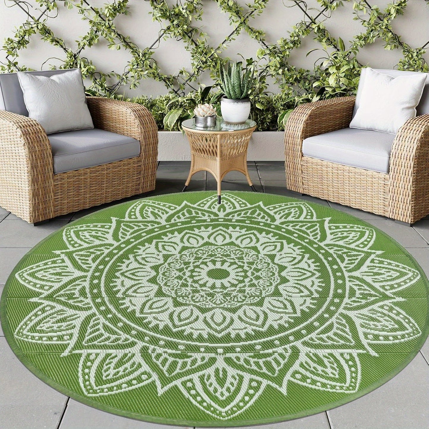 Round Boho Outdoor Rug Reversible Circle Patio Carpet – Lightweight Portable Outdoor Area Rug for Patio, Balcony, Camping & Backyard, Bohemian Style Weatherproof Floor Mat