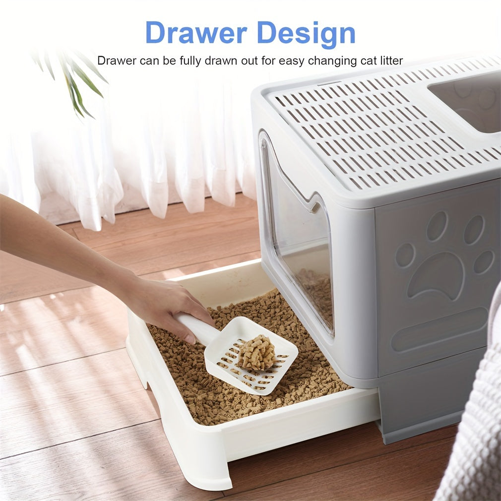 Enclosed Cat Litter Box with Drawer & Scoop – Top-Entry Skylight Design, Odour Control, Easy Clean Litter Tray for Cats up to 10kg, Modern Gray