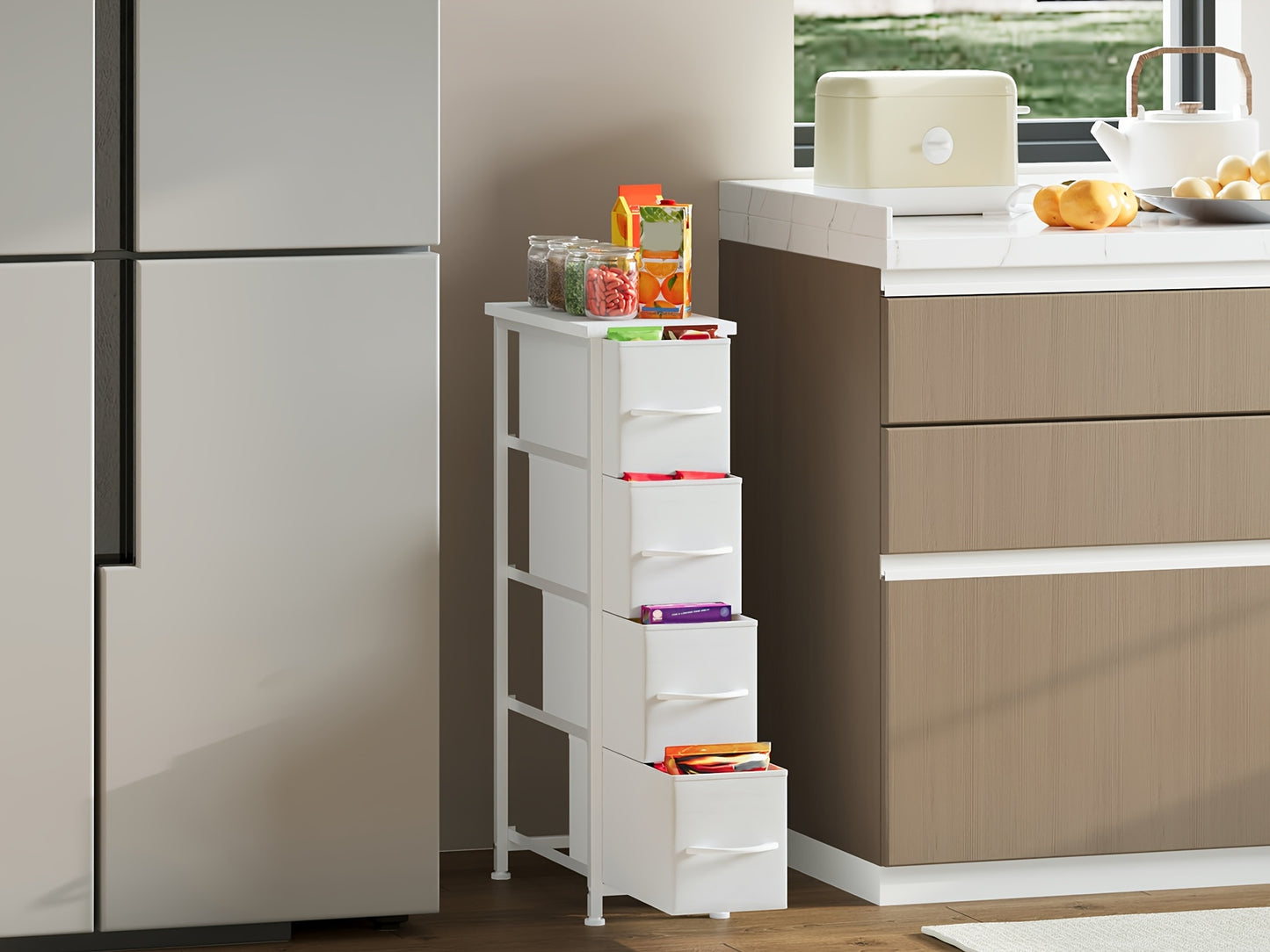 Narrow Dresser with 4 Drawers Slim Fabric Storage Chest – Removable Fabric Bins for Closet, Small Spaces, Bathroom, Bedroom & Laundry Room Organization