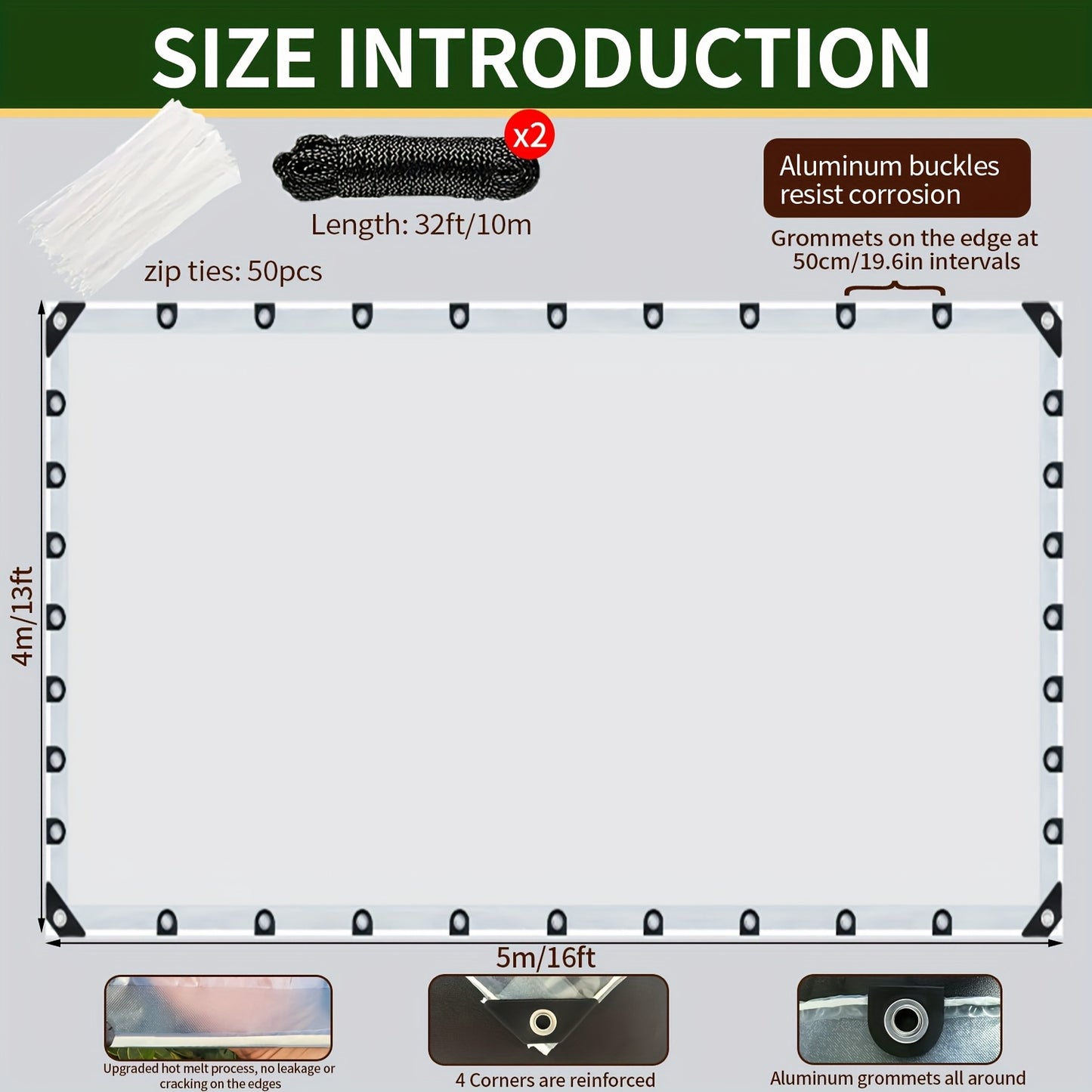 Heavy Duty Waterproof Tarp Cover – Snow & Wind Resistant, Hot Melt Reinforced Edges, Tear-Proof, Multiple Sizes for Garden Fence, Patio, Vehicle, Chicken Enclosure & Outdoor Protection | Canada