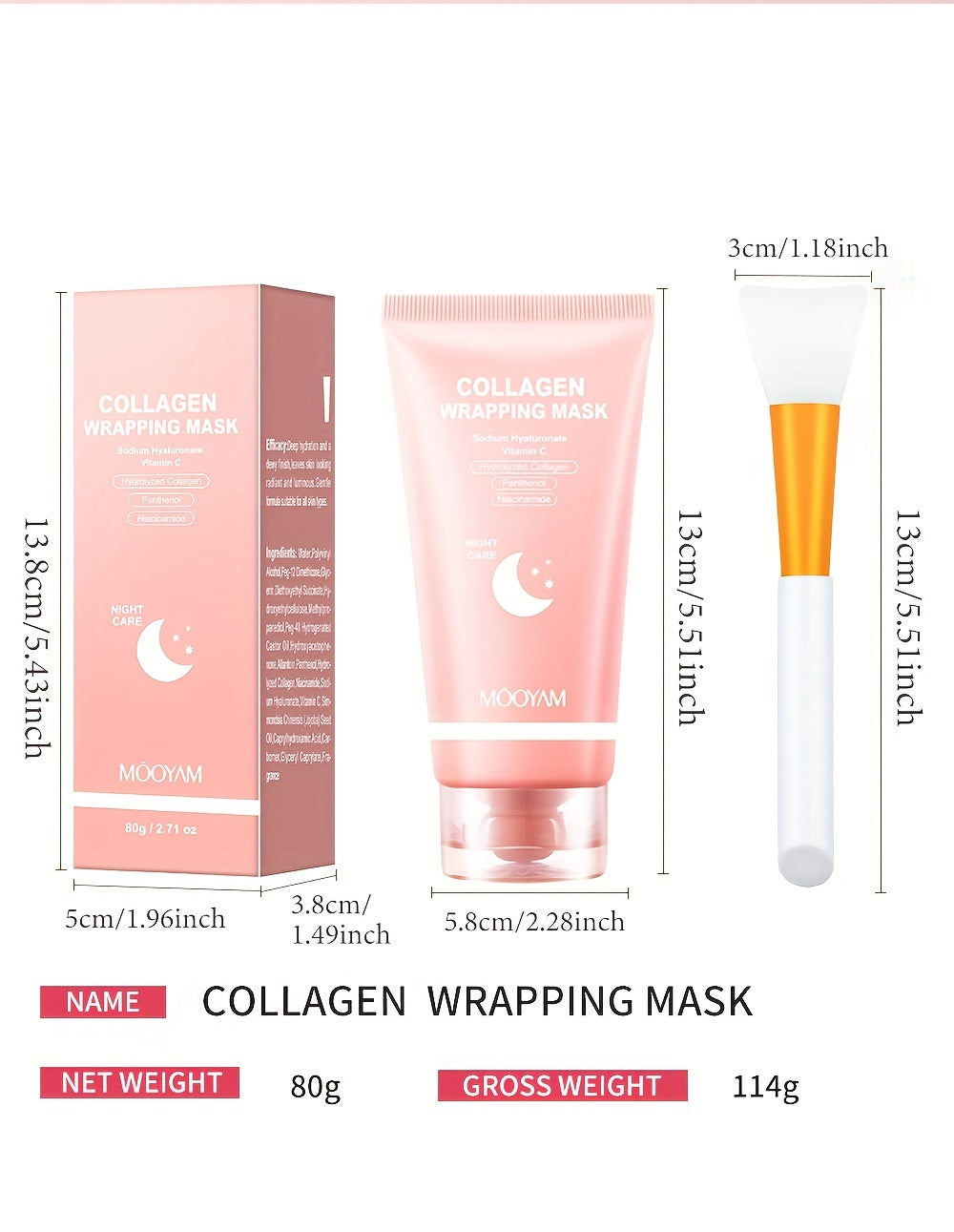 Nighttime Collagen Sleeping Mask with Brush – Hydrolyzed Collagen, Niacinamide, Hyaluronic Acid & Vitamin C Korean Skincare for Elasticity, Hydration & Firming, 2.71 oz
