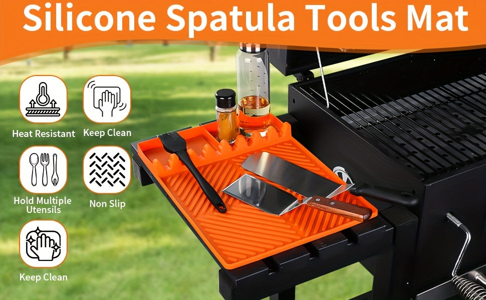 Silicone Grill Mat & Spatula Pad โ Heat-Resistant Non-Slip Utensil Holder with Drip Tray for Blackstone Griddle, Outdoor BBQ & Kitchen Counter, 16x11.5", Dishwasher Safe, Orange, 1-Pack 2-Pack
