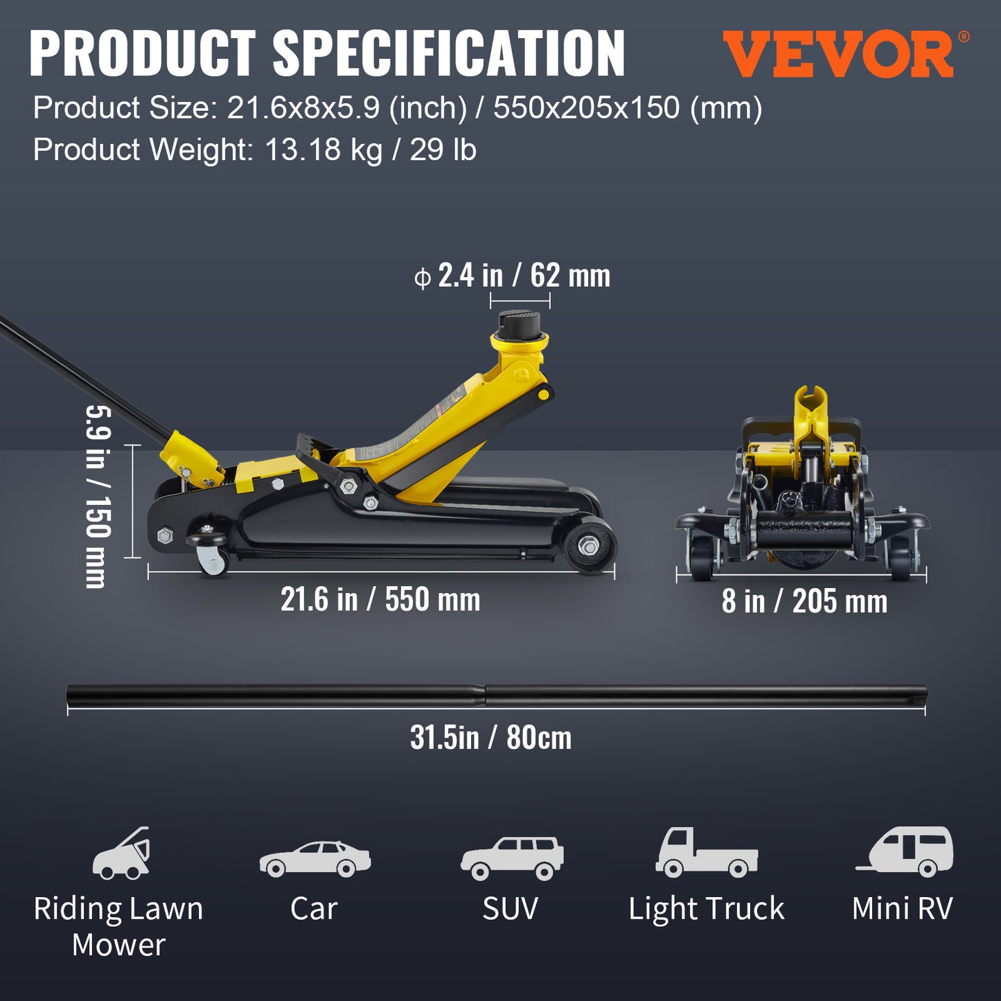 2.5 Ton Low Profile Floor Jack Heavy Duty Steel with Single Piston Hydraulic Pump, 3.35"-14.96" Lift Range, Fits Cars Trucks SUVs – VEVOR