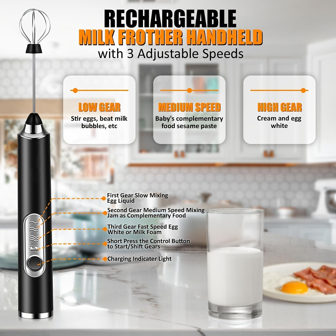 Cordless Electric Hand Mixer USB Rechargeable – Mini Handheld Egg Beater with 2 Detachable Whisks, 3 Speed Modes, Portable Kitchen Baking Mixer for Home | ShopVora CA