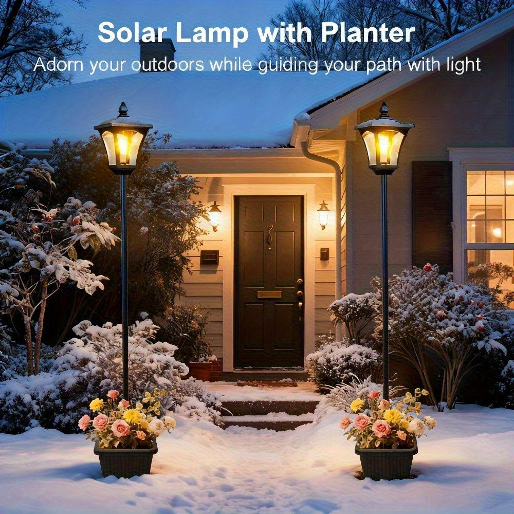 Solar Lamp Post Outdoor 63" with Built-In Planter Box – HOODINK Waterproof Garden Light, Auto Dusk-to-Dawn, 4 Solar Panels for Backyard, Driveway & Pathway