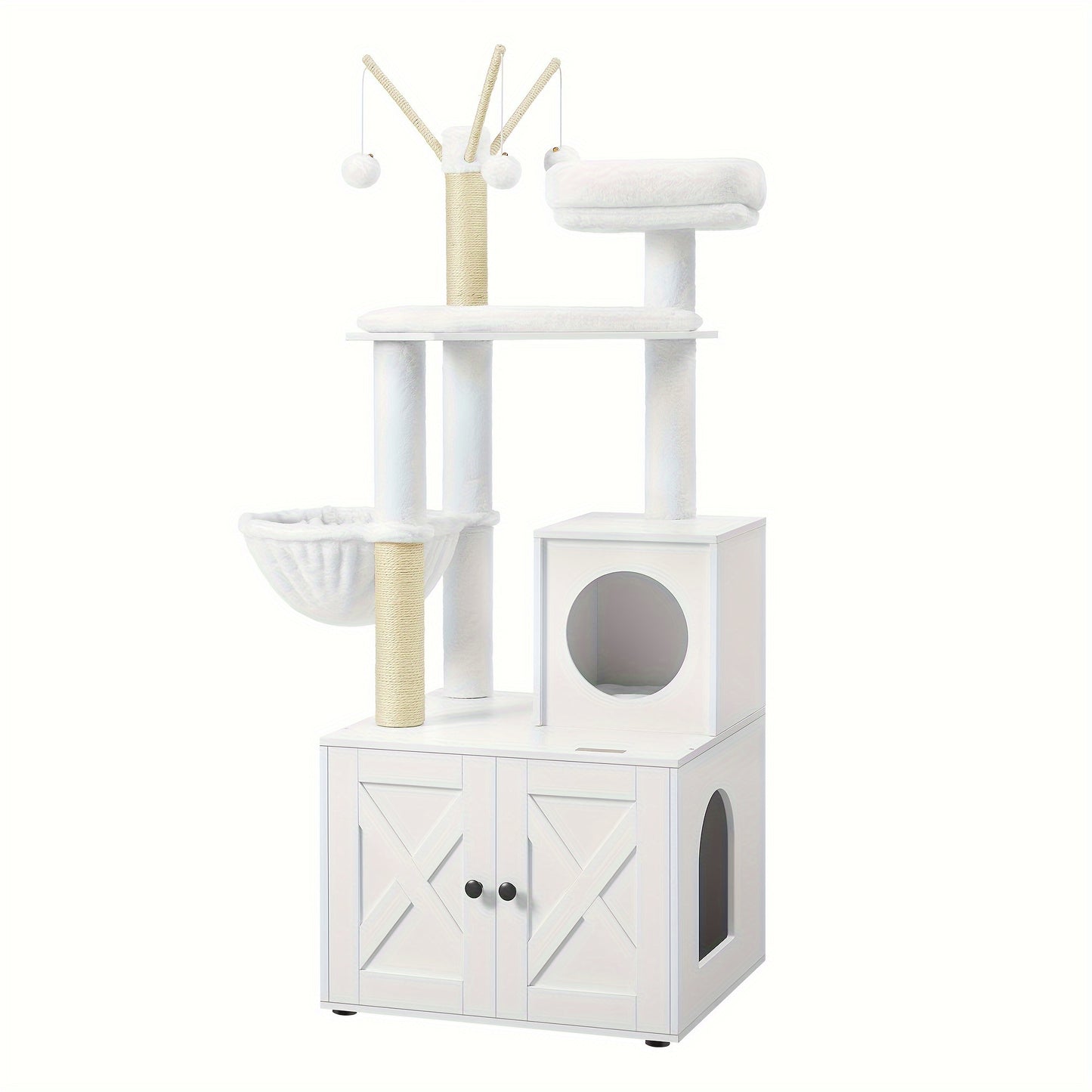 2-in-1 Cat Tree with Hidden Litter Box Enclosure – Modern Cat Condo with Scratching Posts & Removable Pompom Toys, Space-Saving Cat Furniture for Indoor Cats