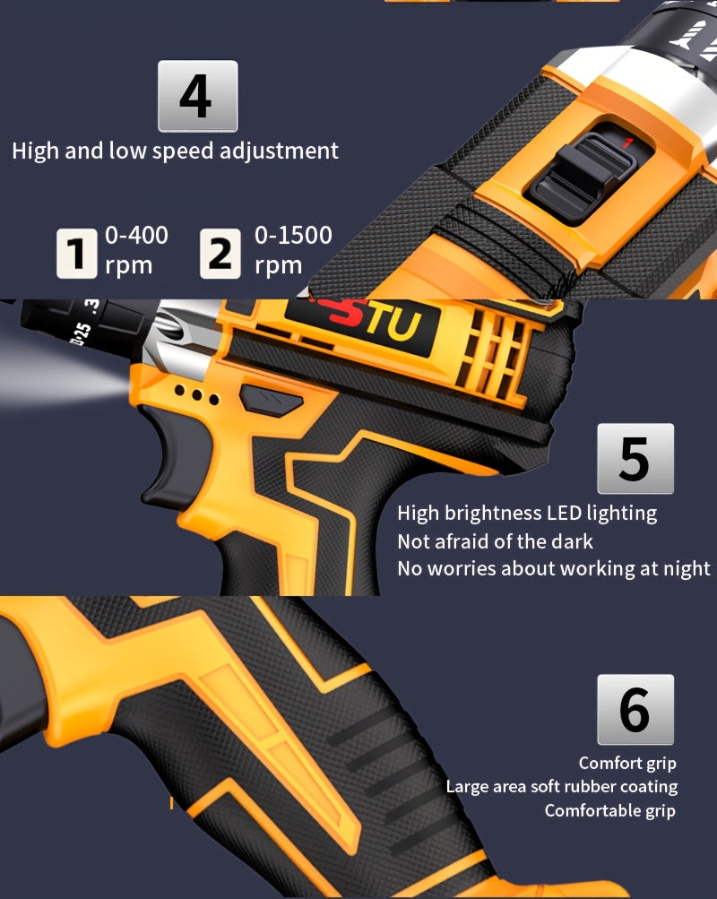 21V Cordless Drill Electric Screwdriver – Lithium Impact Drill Kit with Multifunctional Pistol Grip, Rechargeable Power Tool for Home & DIY