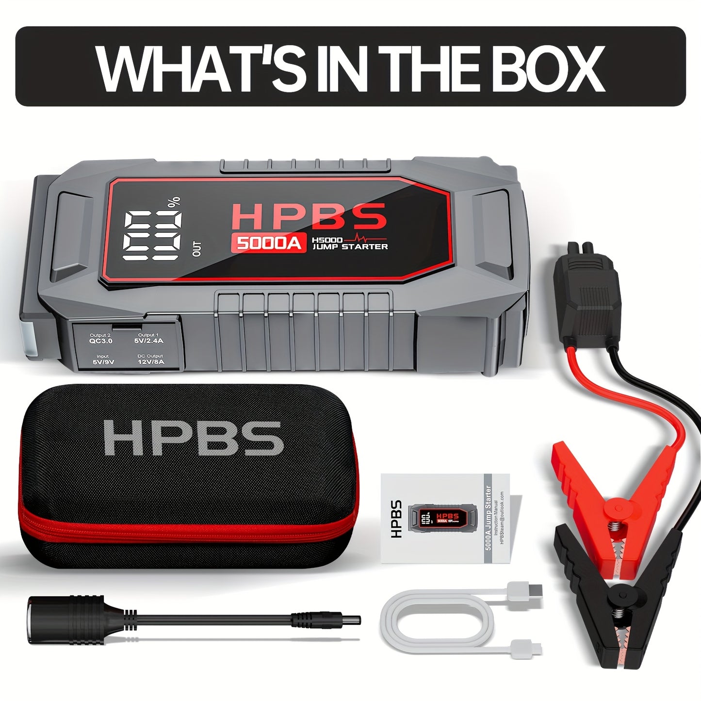 5000A Peak Car Jump Starter 24000mAh Power Bank, 12V Battery Booster for All Gas & Diesel Engines – Fits Car, Truck, SUV, Motorcycle | LED Flashlight Included – HPBS