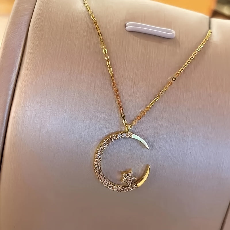 Star Moon Zirconia Pendant Necklace for Women – Sparkling CZ Clavicle Chain, Elegant Dainty Jewellery for Daily Wear, Eid, Birthday & Gift