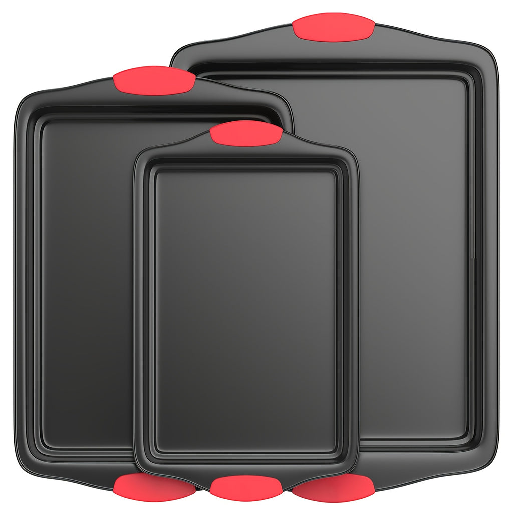 Non-Stick Baking Pan with Red Silicone Handle, Kitchen Baking Tray, Heat-Resistant And Non-Stick, Household Baking Pan, Cake Mold, Oven Cookie Baking, Rectangular Cookie Tray, Easy to Clean, Suitable For, Cakes, And Bread