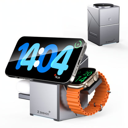 ZEEHOO Cubetrick-X 3-in-1 Wireless Charging Station Qi2 15W – Fast Charge for iPhone Apple Watch AirPods, Auto-Rotating Magnetic Stand, 30W USB-C Adapter Included – Canada