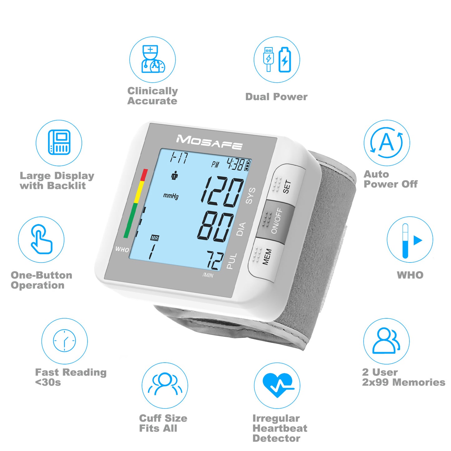 Wrist Blood Pressure Monitor Automatic with Voice Broadcast – Dual User Mode, 198 Memory, Large 2.3" Display, One-Touch Operation, Adjustable Cuff, USB or Battery Powered, Portable BP Machine Canada