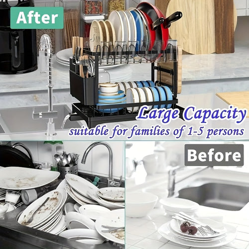 2-Layer Carbon Steel Dish Drying Rack with Drip Tray & Utensil Holder – Kitchen Counter Dish Drainer Organizer, Space-Saving Dish Rack for Canadian Homes
