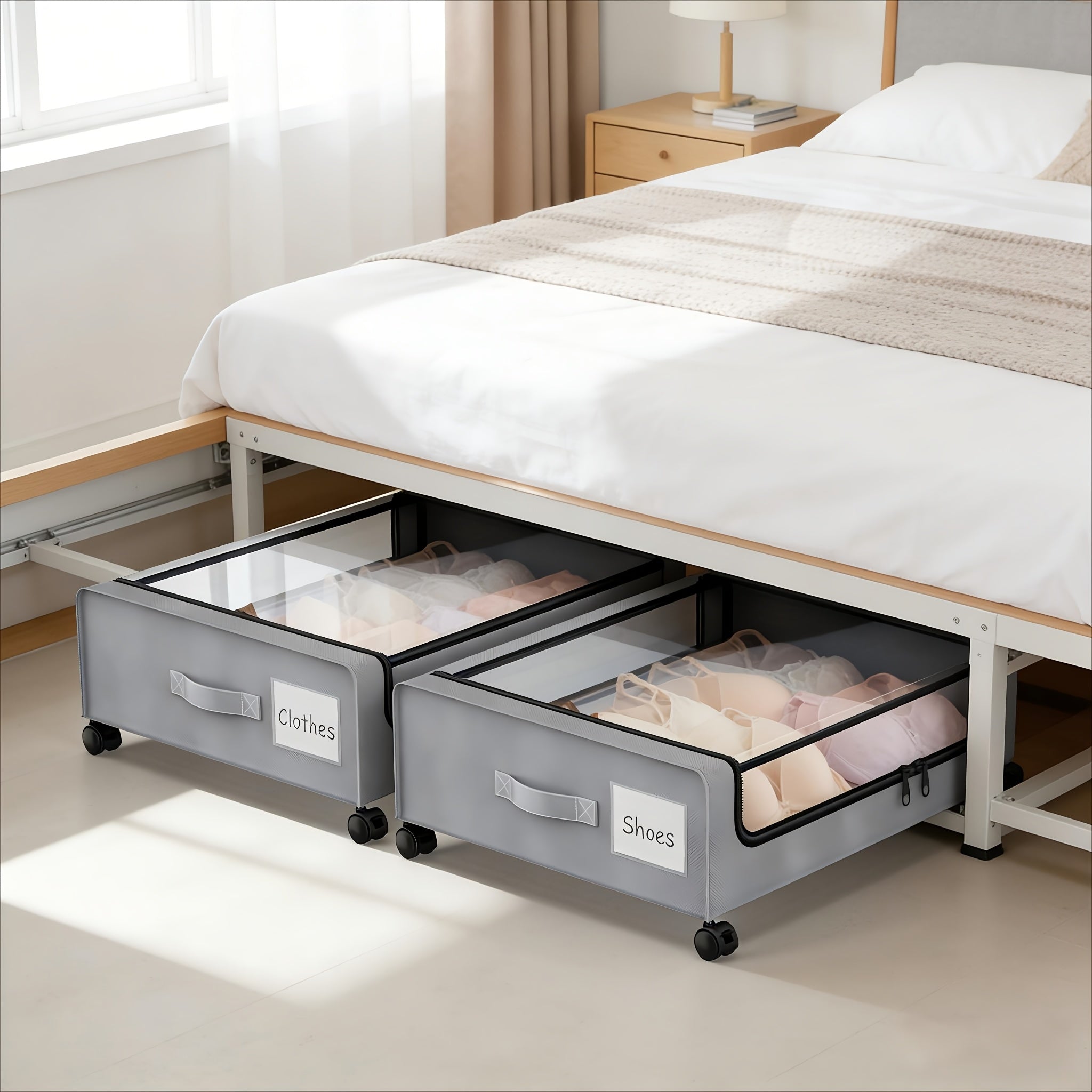 Under-bed Storage Cabinet on Wheels, 1-pack/2-pack Under-bed Storage Container, Under-bed Shoe Rack with Transparent Window and Label, Rolling Under-bed Metal Drawer for Storing Clothes, Shoes, Etc., Under-Bed Storage