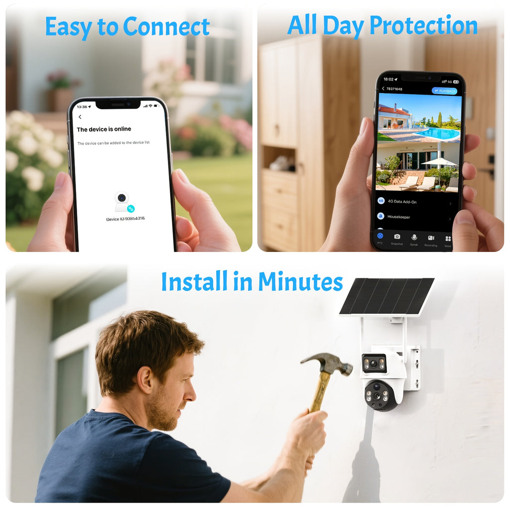 XIAOVV [10 Zoom] 4K Solar Outdoor Wireless Surveillance Camera, 2.4G WiFi Security with Solar Panel, Dual Lens PTZ Surveillance System, PIR Motion Detection, Color Night Vision, Two-Way Audio, App Control for Home Security, Farm, Remote