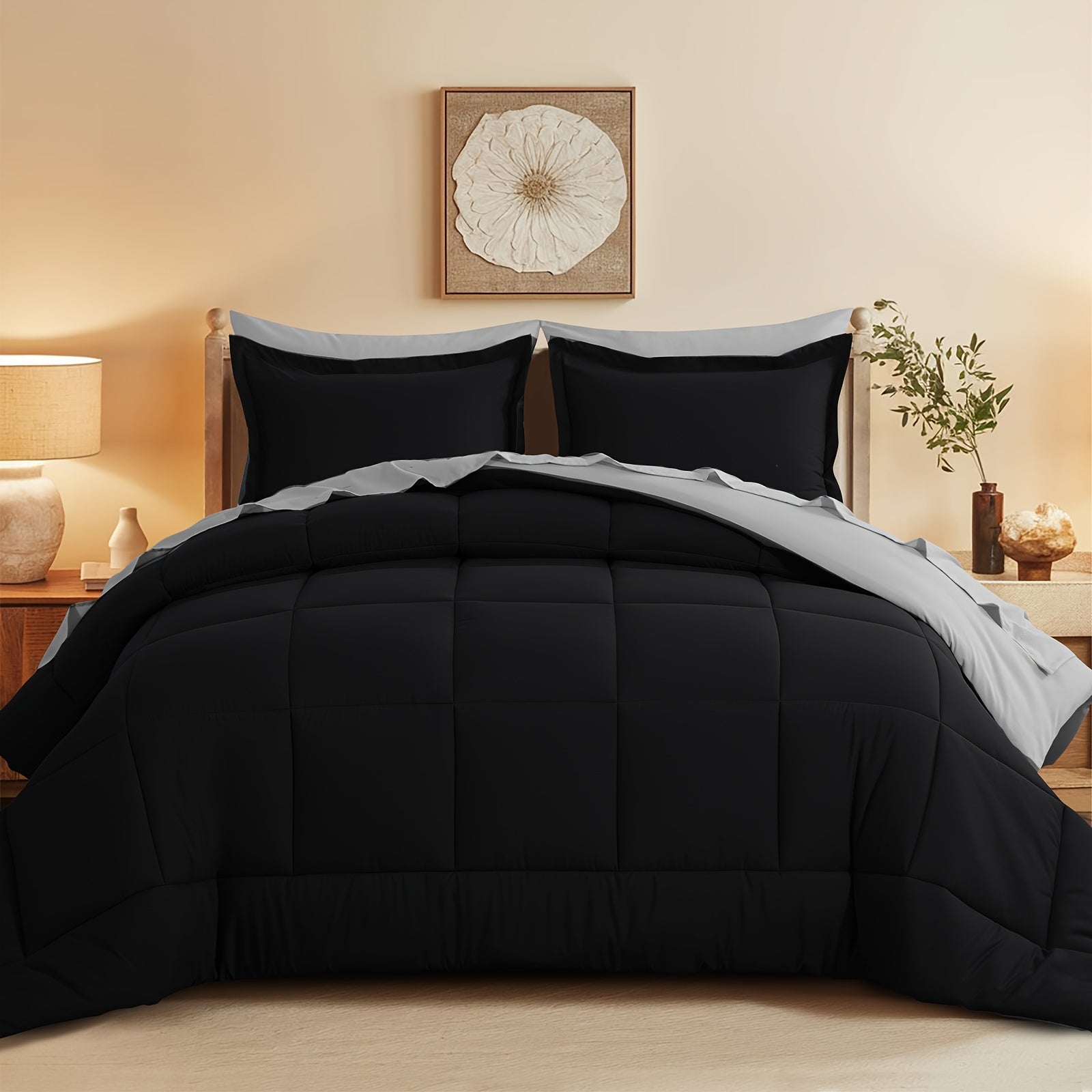 7pcs Reversible Bedding Set Soft Microfiber – Lightweight Breathable Comforter Flat Sheet Fitted Sheet & Pillowcases, All-Season Family Bedding Gift Set