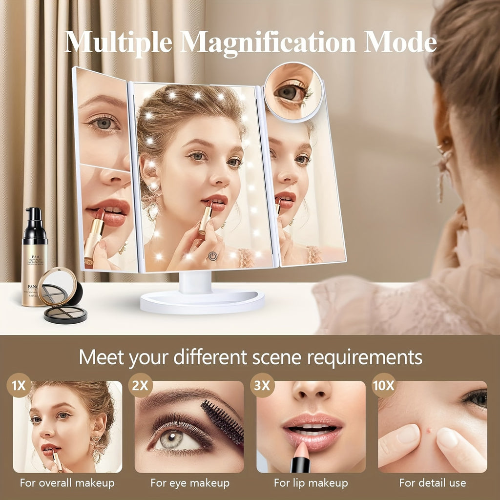 Makeup Mirror with Light (comes with A Set Of 4-in-1 Makeup Brush), 2X 3X 10X Magnification, Illuminated Makeup Mirror, Touch Sensitive, Triple Fold Makeup Mirror, Dual Power Supply, Portable LED Makeup Mirror, Women's Gift