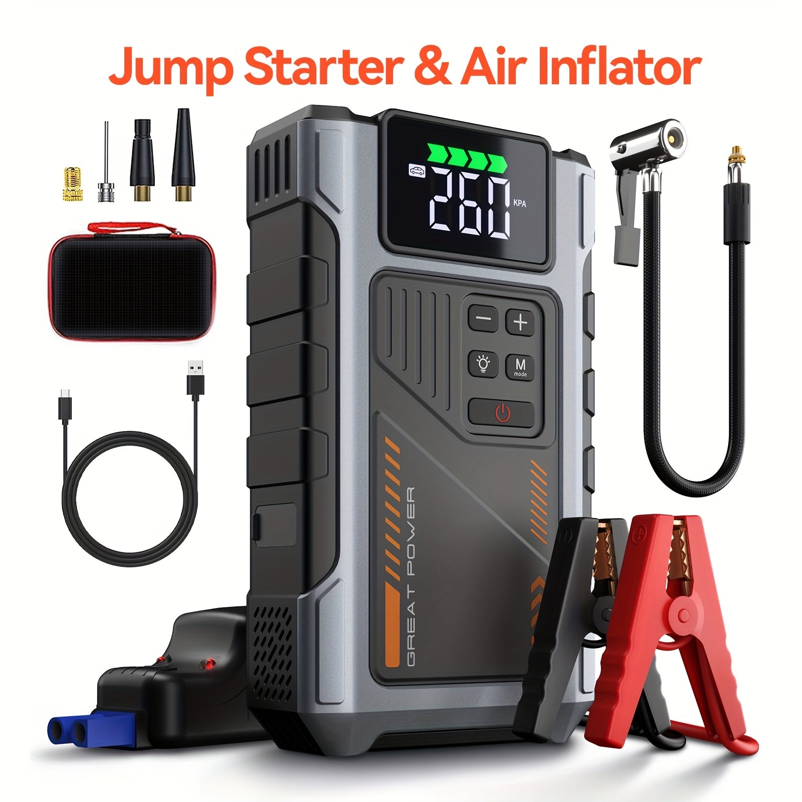 7000A Car Portable Wireless Car Air Compressor, Jump Starter With AirCompressor, Battery Jump StarterPortable Peak, Car Battery Charger Portable For12V(2.11gal Gas/1.72 gal Diesel) UsB Input/output, LED Emergency, Car Accessories Too