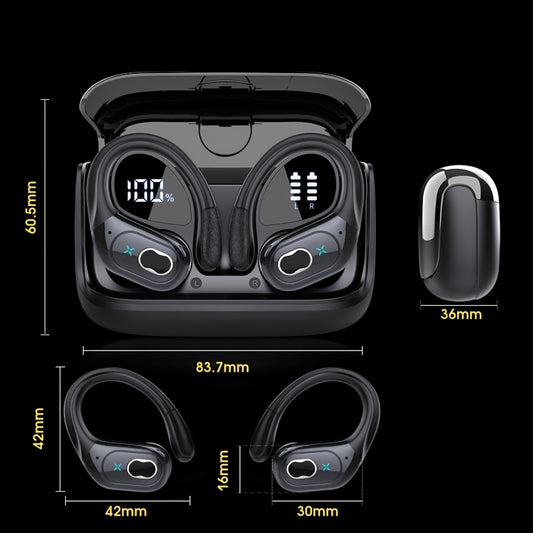 Sporty Wireless Earbuds with 75 Hours of Battery Life, Featuring Stereo Sound And Deep Bass, Designed with Ear Hooks. Includes an ENC Noise-Cancelling Microphone, Perfect for Workouts, Running, Parties, Or As Gifts