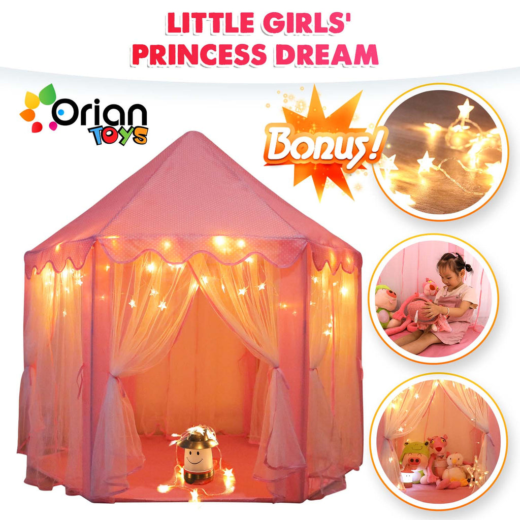 Princess Castle Play Tent with Star-LED Lights – Large Pink Indoor & Outdoor Kids Playhouse, Easy-Setup Fairy Castle for Birthday & Christmas Gifts