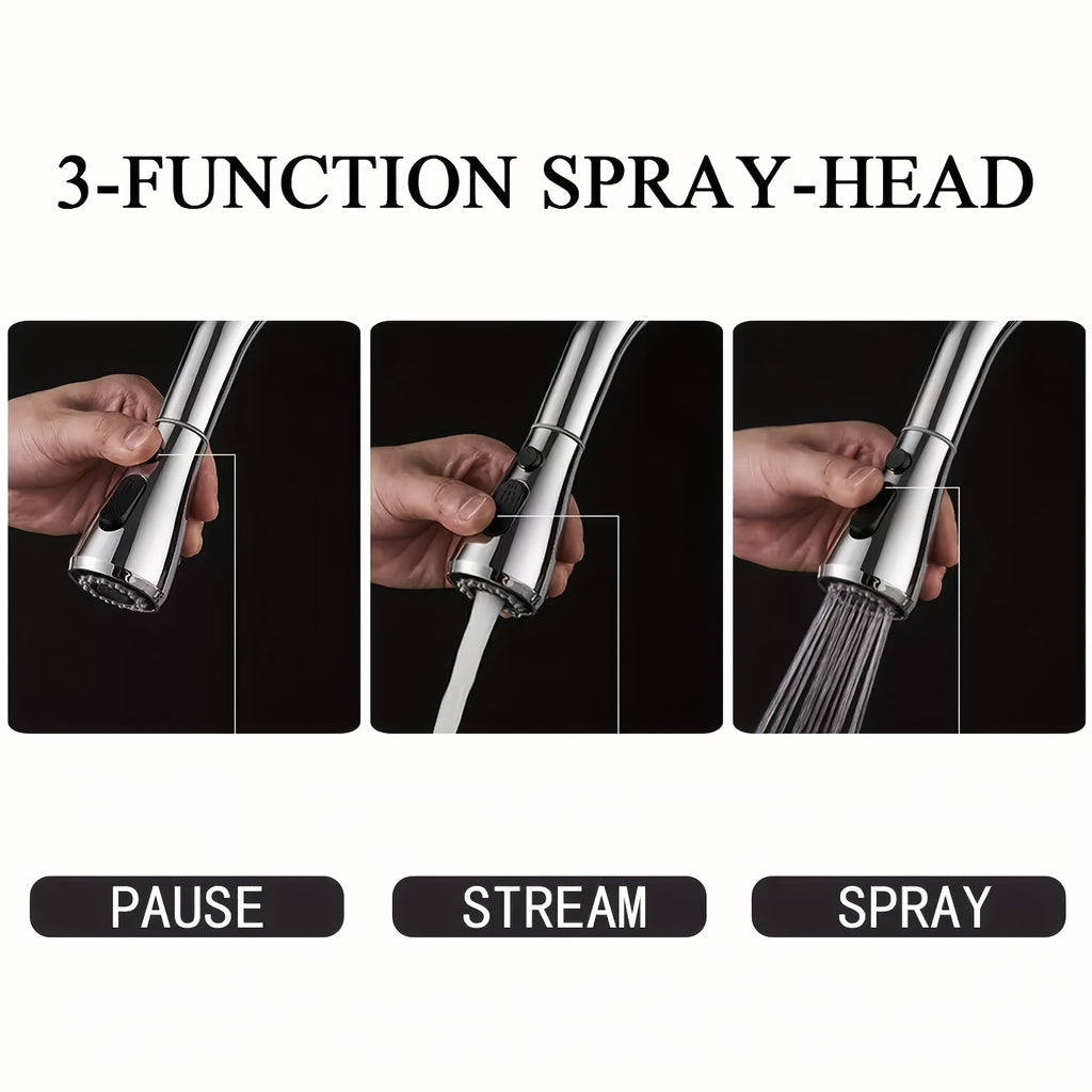 One Kitchen Faucet Featuring a Pull-Down Spray, Single Handle, And High Arc Design Made of Commercial-Grade Stainless Steel with a Brushed Nickel Finish. It Includes a Deck Plate And Is Ideal for Use in Bars, Laundry Rooms, Rvs