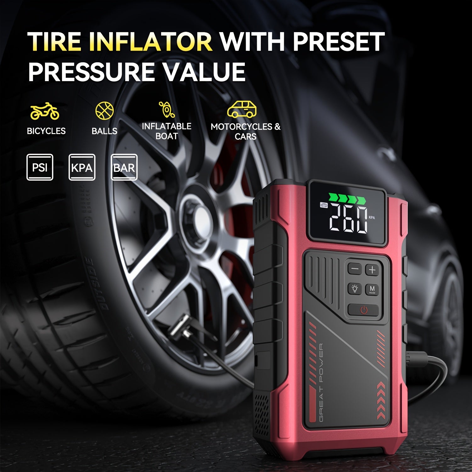 7000A Car Portable Wireless Car Air Compressor, Jump Starter With AirCompressor, Battery Jump StarterPortable Peak, Car Battery Charger Portable For12V(2.11gal Gas/1.72 gal Diesel) UsB Input/output, LED Emergency, Car Accessories Too