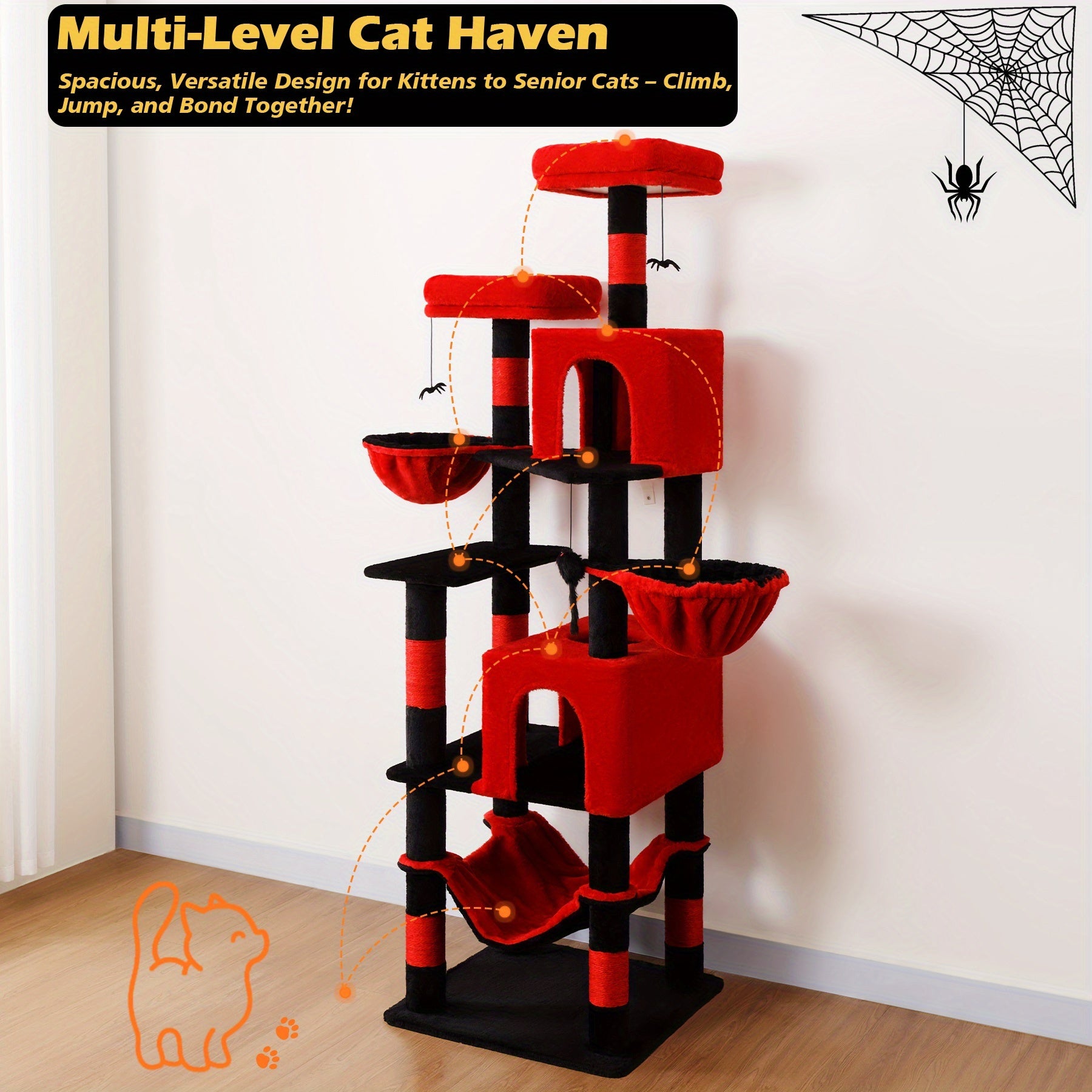 REACHABLE 71/84 Inches Cat Tree, for Large Cat Tree Tower for Large Cats, with Scratching Posts, Perches, Cat Houses, Dangling Toy, Cat Tree Tower, Spring