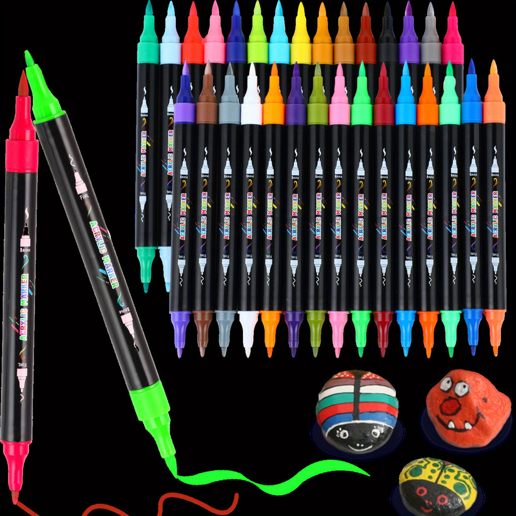 30 Colour Acrylic Paint Markers with Brush & Fine Tip for Adults - Dual Tip Art Pens for Rock Painting, Wood, Stone, Glass, Ceramic Decorating & DIY Crafts, Vibrant Acrylic Ink Paint Pens