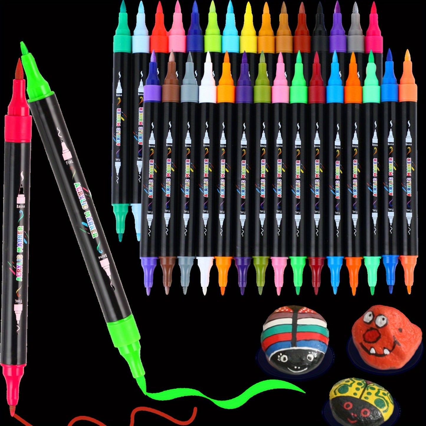 30 Colour Acrylic Paint Markers with Brush & Fine Tip for Adults - Dual Tip Art Pens for Rock Painting, Wood, Stone, Glass, Ceramic Decorating & DIY Crafts, Vibrant Acrylic Ink Paint Pens